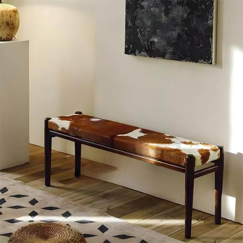 Mid-Century Modern Upholstered Entryway Bench in Natural Cowhide Main Product Image