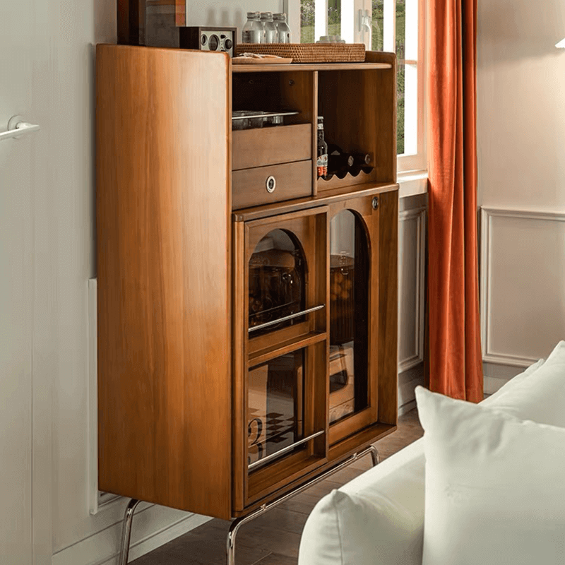 Mid Century Modern Wood Wine Bar Cabinet With Glass Doors