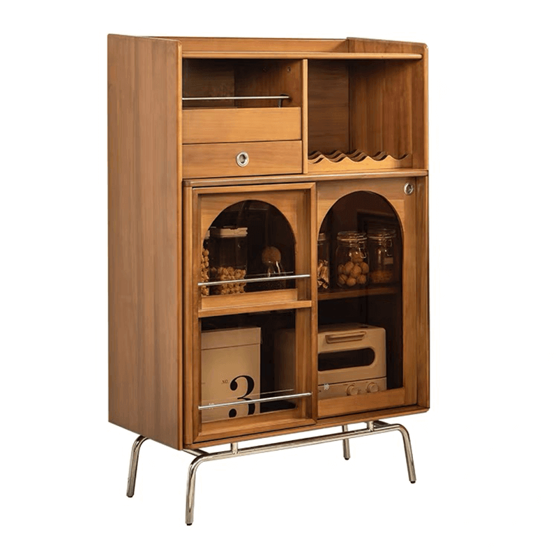Mid Century Modern Wood Wine Bar Cabinet With Glass Doors