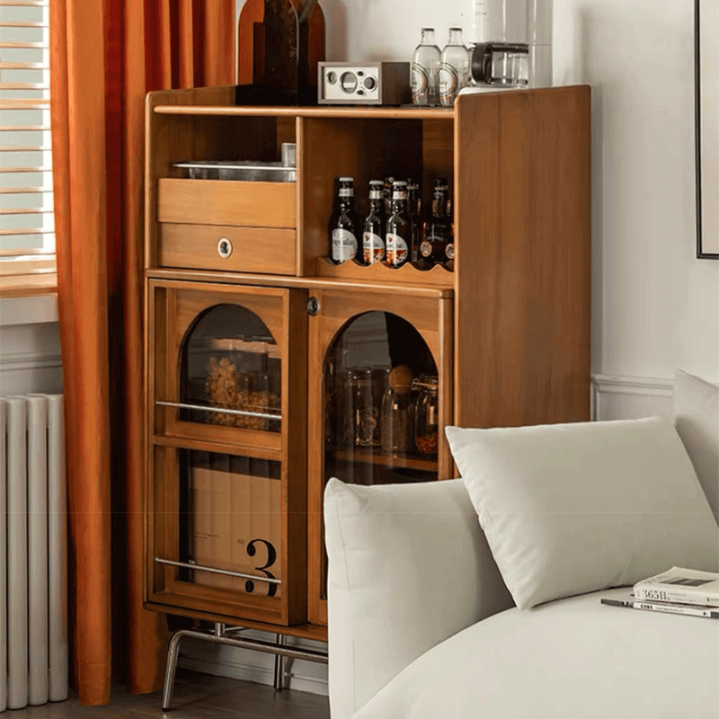 Mid Century Modern Wood Wine Bar Cabinet With Glass Doors