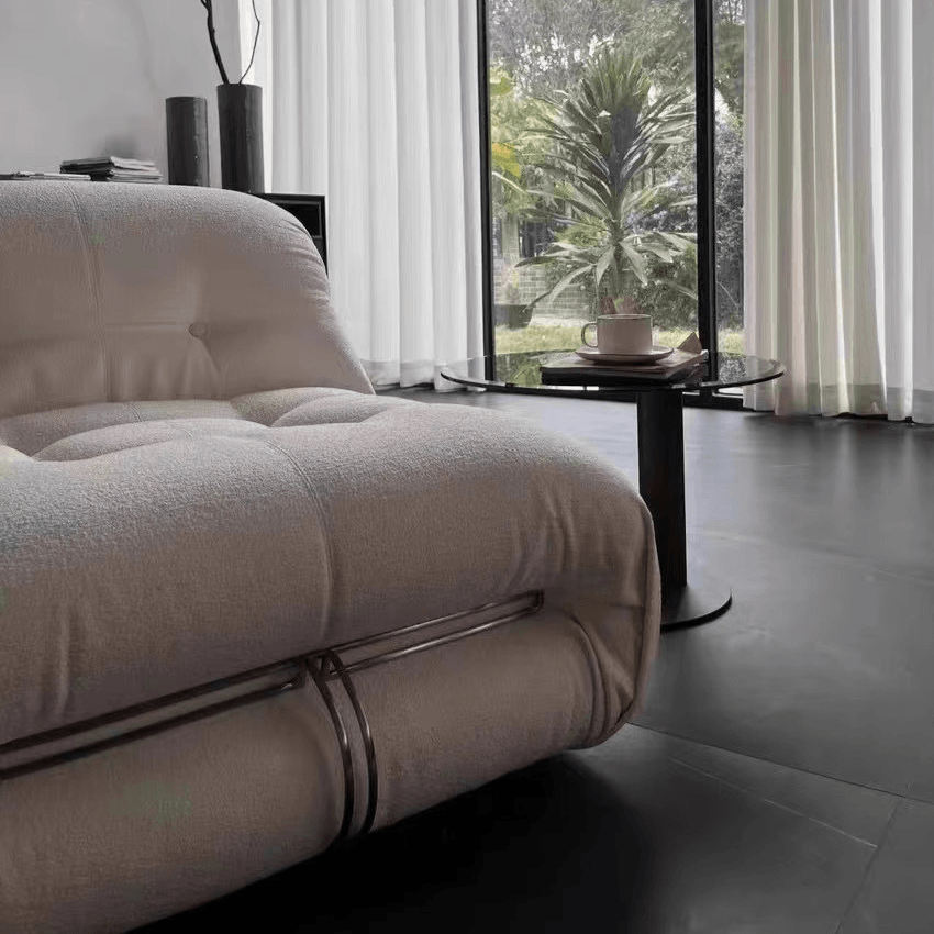 Mid-Century Soriana Lounge Sofa with Bouclé Upholstery and Steel Accents