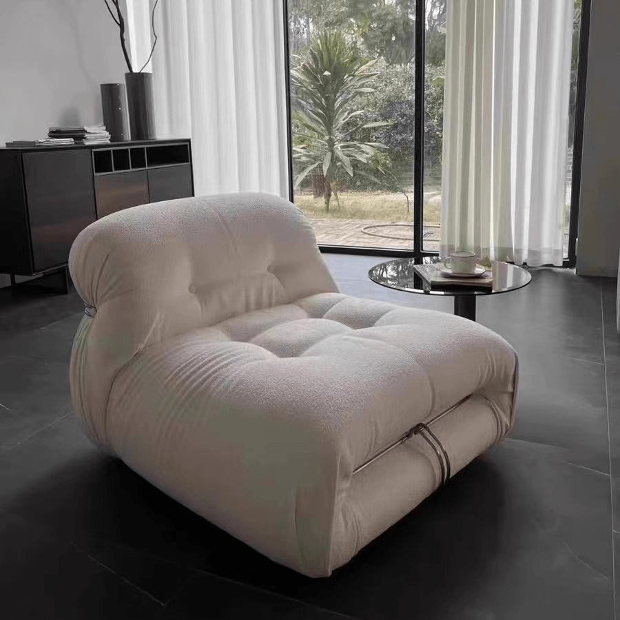 Mid-Century Soriana Lounge Sofa with Bouclé Upholstery and Steel Accents