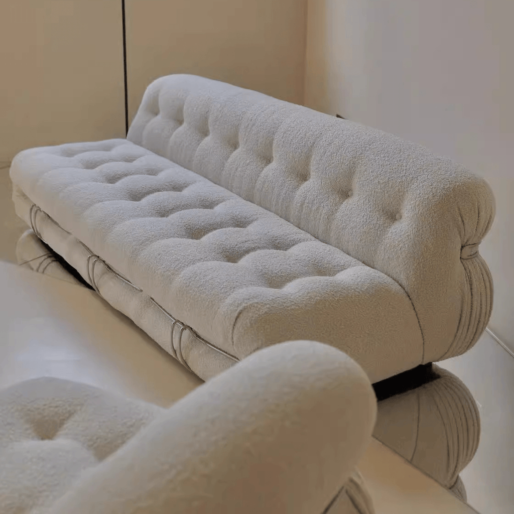 Mid-Century Soriana Lounge Sofa with Bouclé Upholstery and Steel Accents