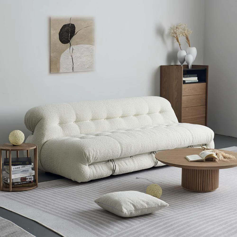 Mid-Century Soriana Lounge Sofa with Bouclé Upholstery and Steel Accents