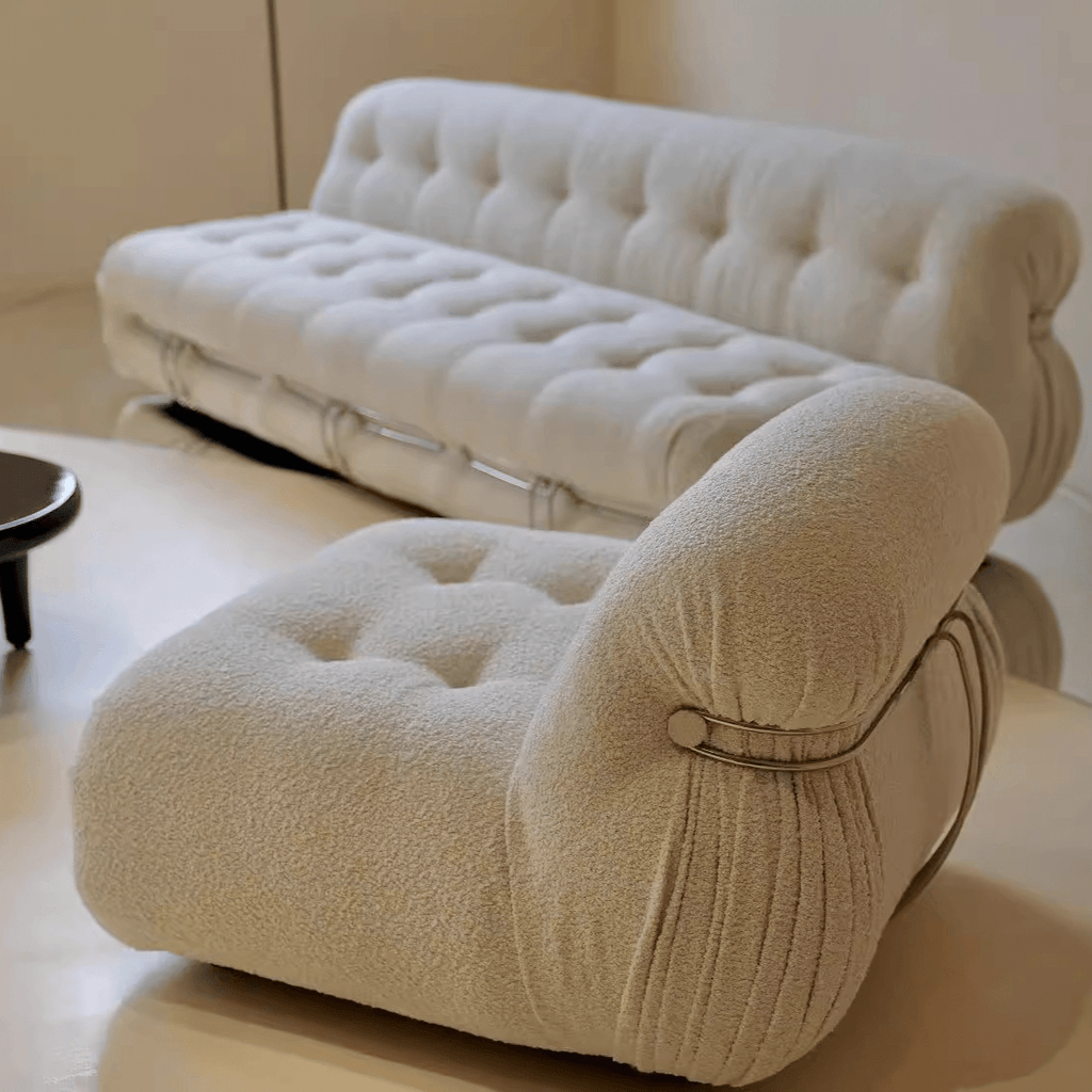 Mid-Century Soriana Lounge Sofa with Bouclé Upholstery and Steel Accents
