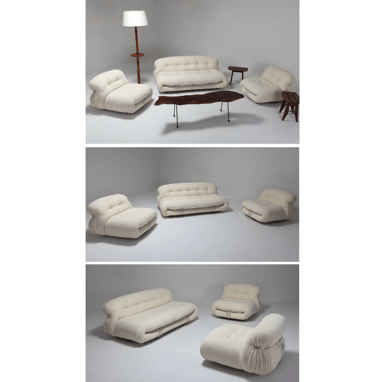 Mid-Century Soriana Lounge Sofa with Bouclé Upholstery and Steel Accents