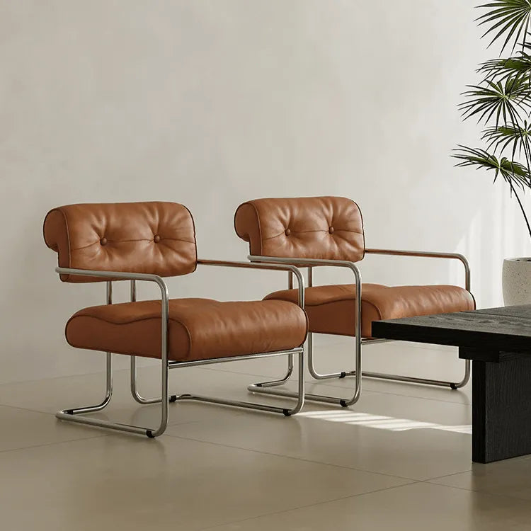 Mid-Century Stainless Steel Armchair with Nappa Leather and Button-Tufted Back