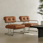Mid-Century Stainless Steel Armchair with Nappa Leather and Button-Tufted Back