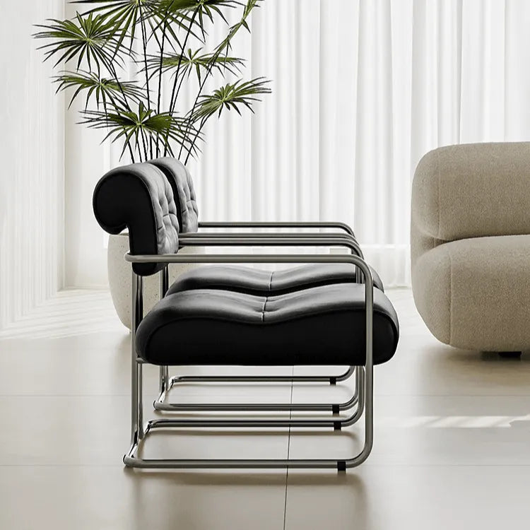 Mid-Century Stainless Steel Armchair with Nappa Leather and Button-Tufted Back