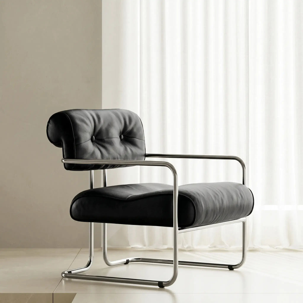 Mid-Century Stainless Steel Armchair with Nappa Leather and Button-Tufted Back Main Product Image