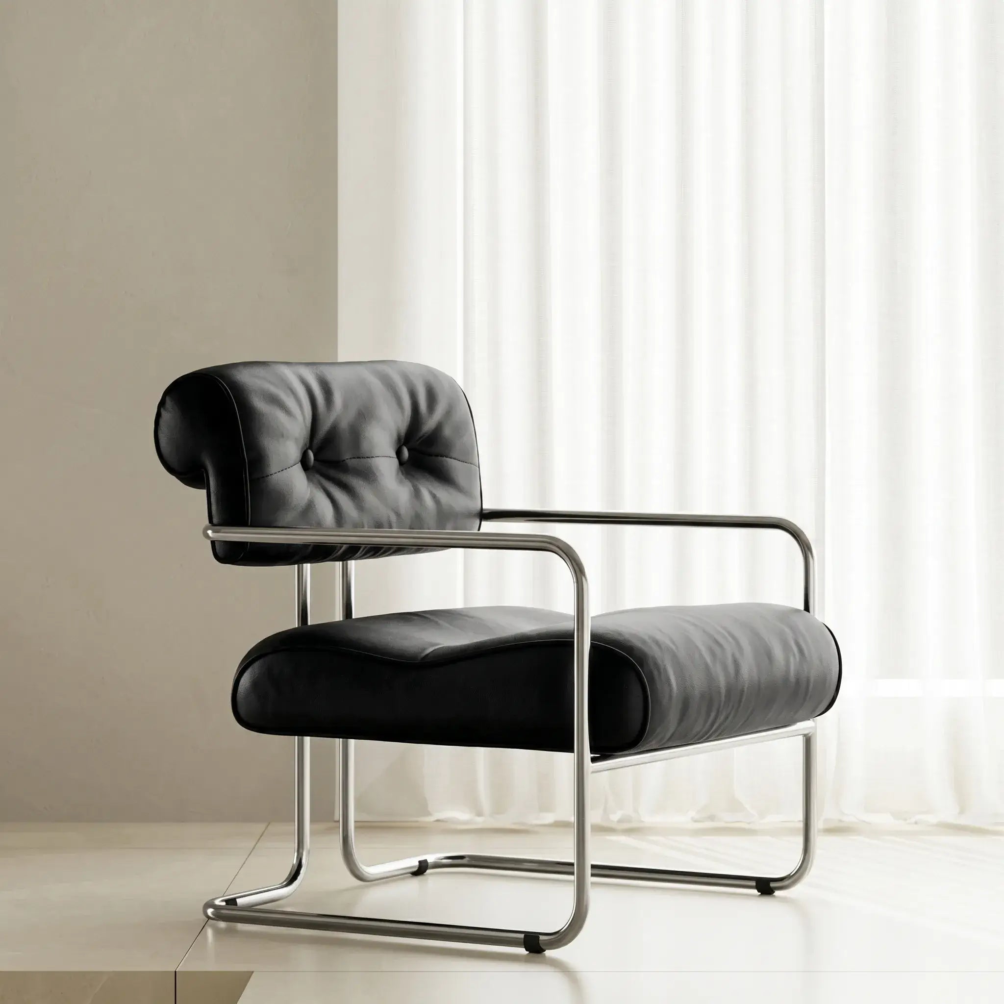 Mid-Century Stainless Steel Armchair with Nappa Leather and Button-Tufted Back Main Product Image