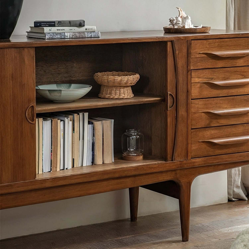 Mid-Century Teak Sideboard with Tambour Doors - 71"/86"