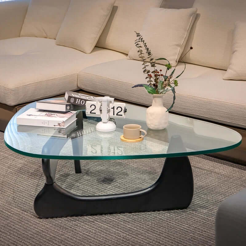 Mid-Century Triangle Glass Coffee Table, Black Finish