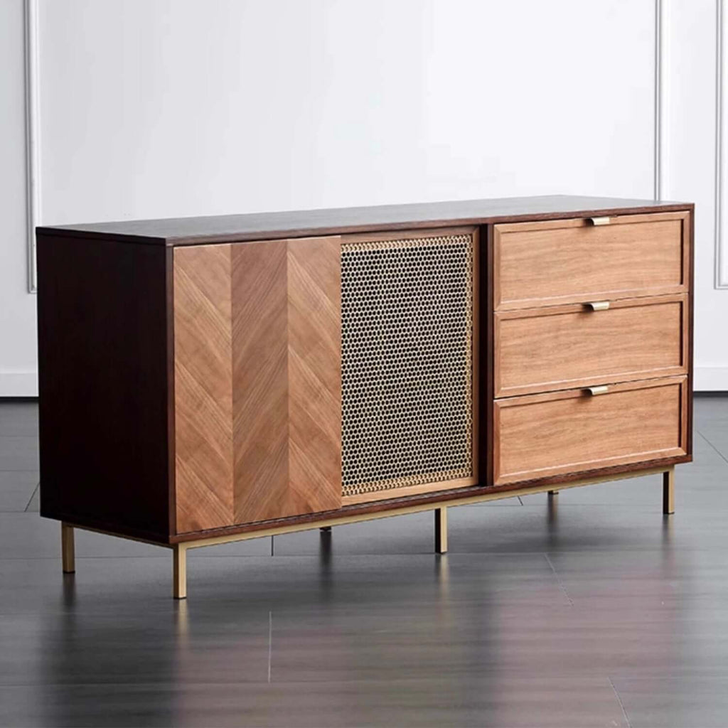 Mid-Century Walnut Sideboard with Brass Mesh Door & Drawers