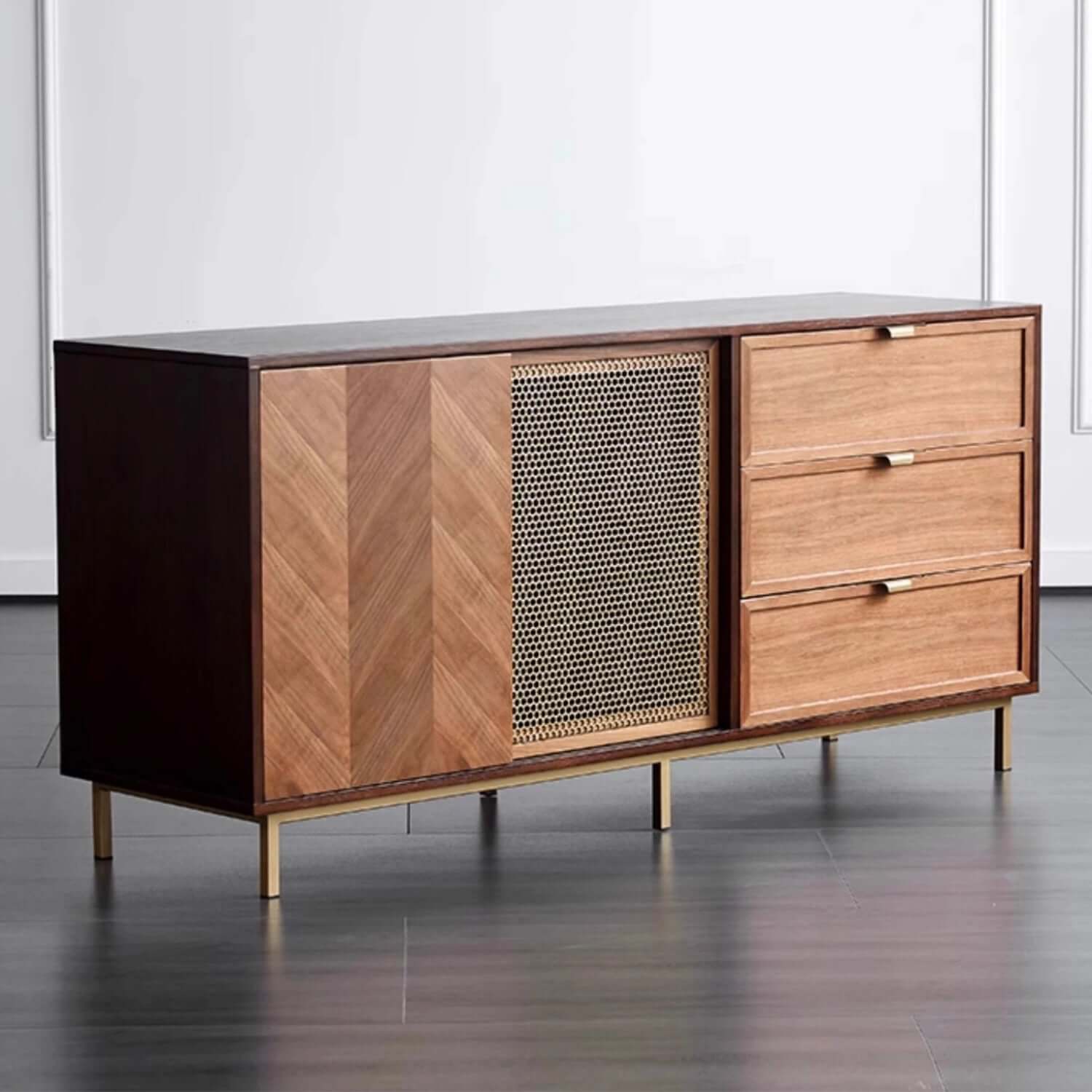 Mid-Century Walnut Sideboard with Brass Mesh Door & Drawers