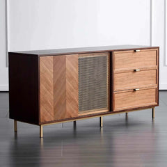 Mid-Century Walnut Sideboard with Brass Mesh Door & Drawers