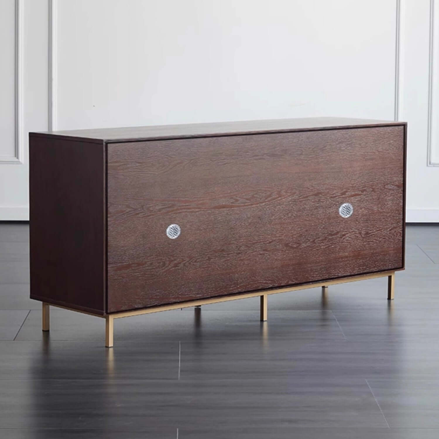 Mid-Century Walnut Sideboard with Brass Mesh Door & Drawers