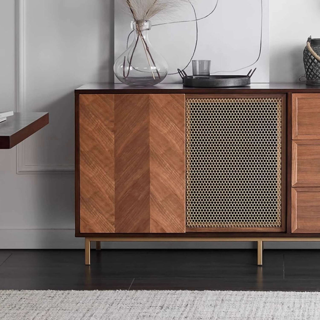 Mid-Century Walnut Sideboard with Brass Mesh Door & Drawers