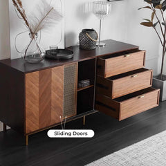 Mid-Century Walnut Sideboard with Brass Mesh Door & Drawers