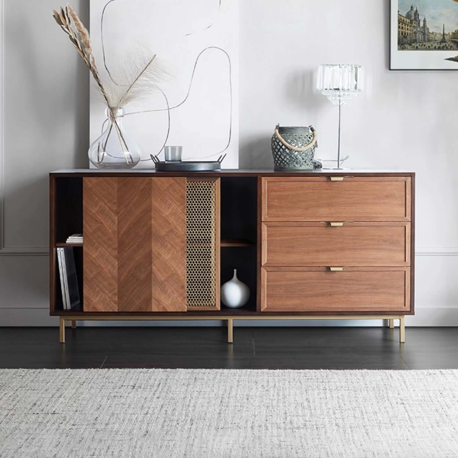 Mid-Century Walnut Sideboard with Brass Mesh Door & Drawers Main Product Image