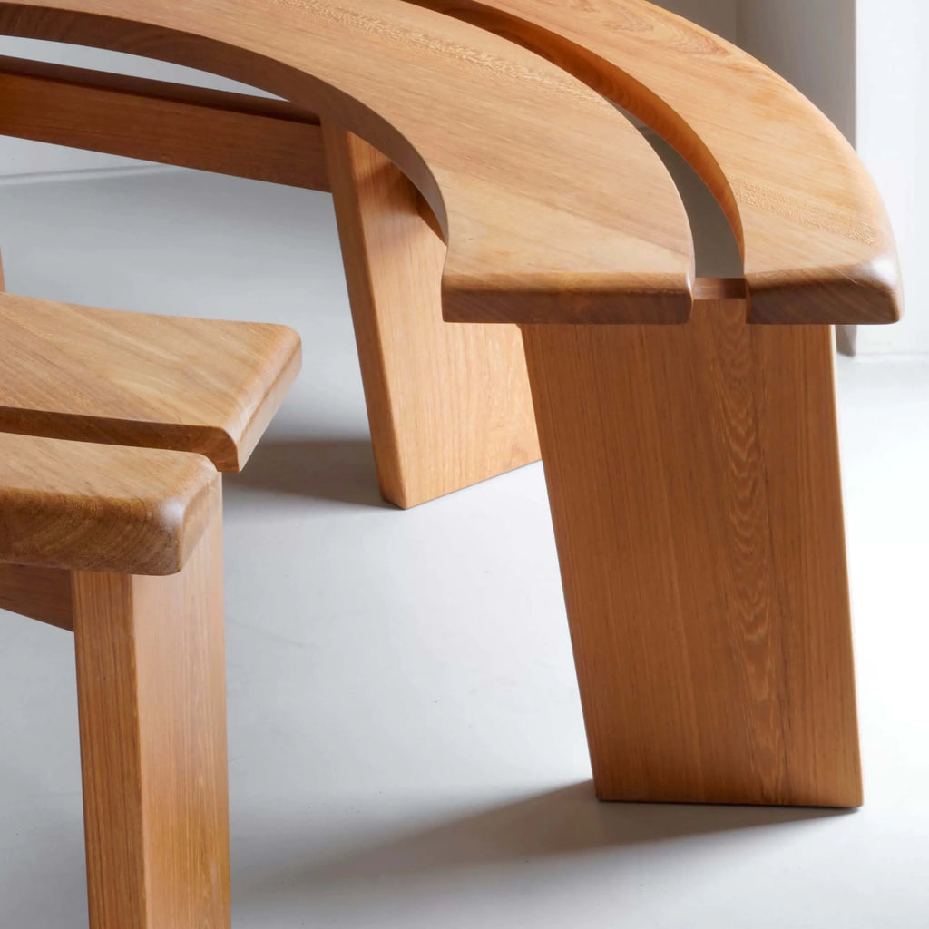 Minimalist Double-Seater Bench in Natural Teak with Organic Curves and Warm Grain