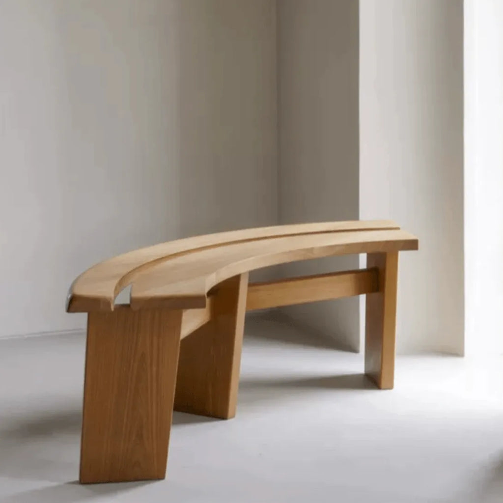 Minimalist Double-Seater Bench in Natural Teak with Organic Curves and Warm Grain