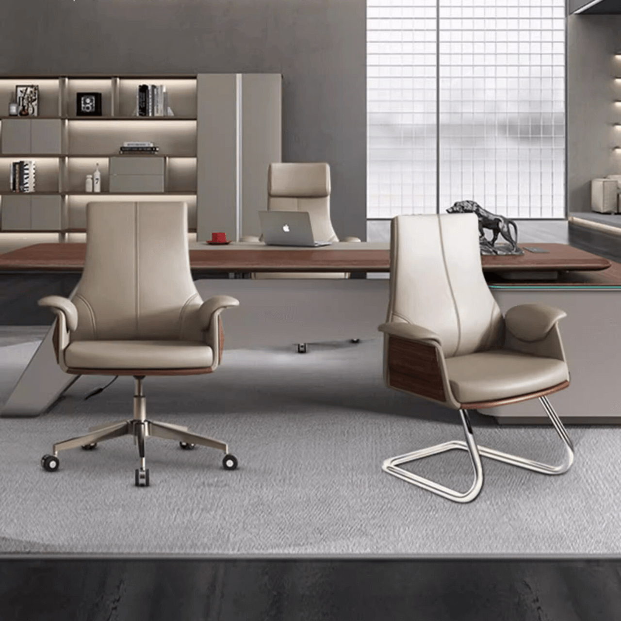 Minimalist gray leather arc-shaped office chair with flared arms and silver metal legs for modern workspaces