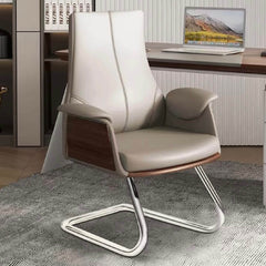 Contemporary ergonomic gray leather office chair with flared arms and silver metal legs for comfortable seating