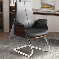 Sleek gray leather arc-shaped desk chair with flared arms and silver metal legs for stylish office decor