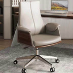 Contemporary ergonomic gray leather office chair with flared arms and silver metal legs for comfortable seating