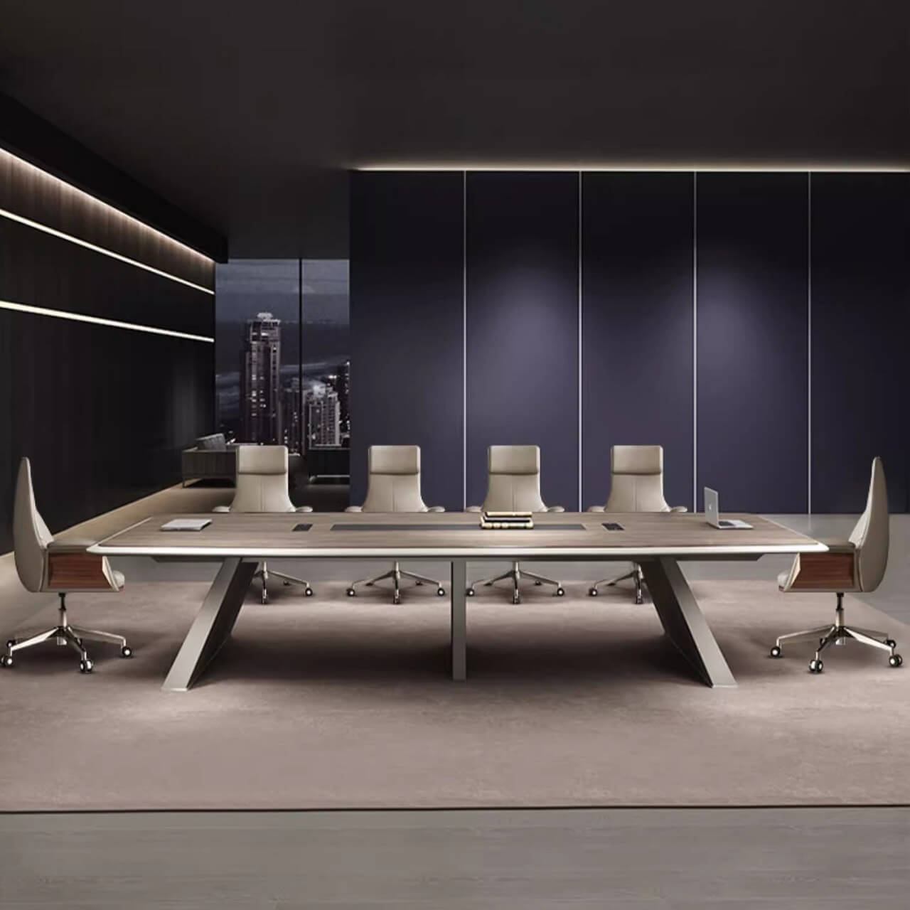 Classy gray leather office chair with flared arms and silver metal legs for contemporary and luxurious workspaces