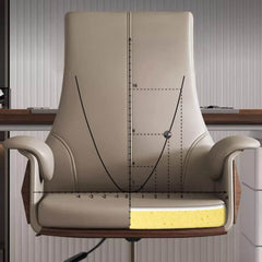 Minimalist gray leather arc-shaped office chair with flared arms and silver metal legs for modern workspaces