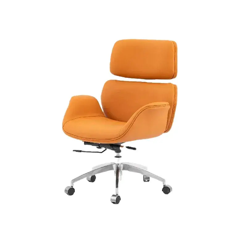 Minimalist Leather Ergonomic Office Chair With Recline and Polished Aluminum Base
