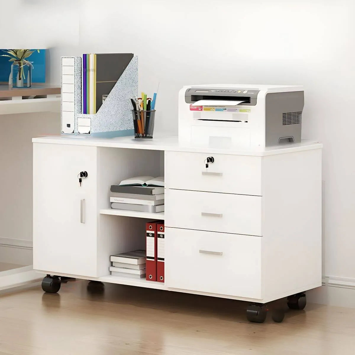 Minimalist Locking Storage Cabinet With Casters for Home Office