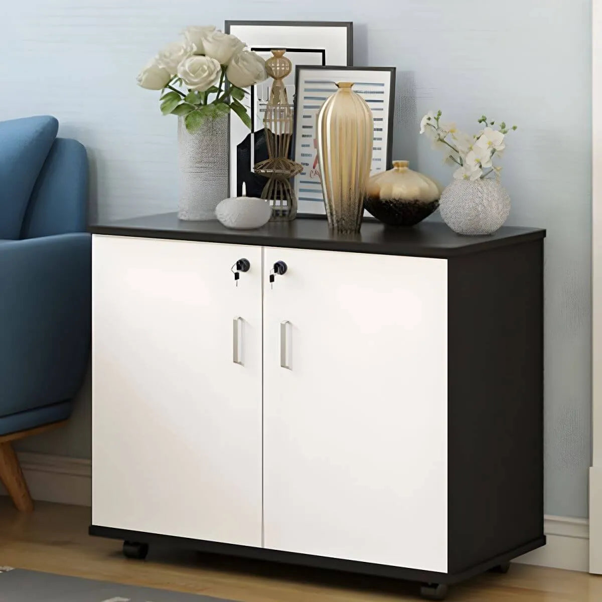 Minimalist Locking Storage Cabinet With Casters for Home Office