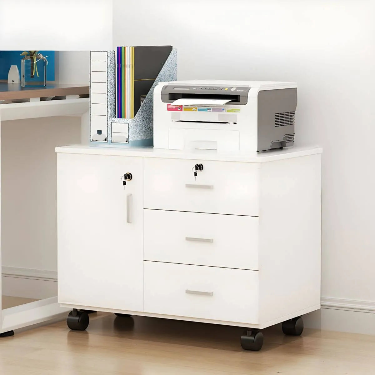 Minimalist Locking Storage Cabinet With Casters for Home Office