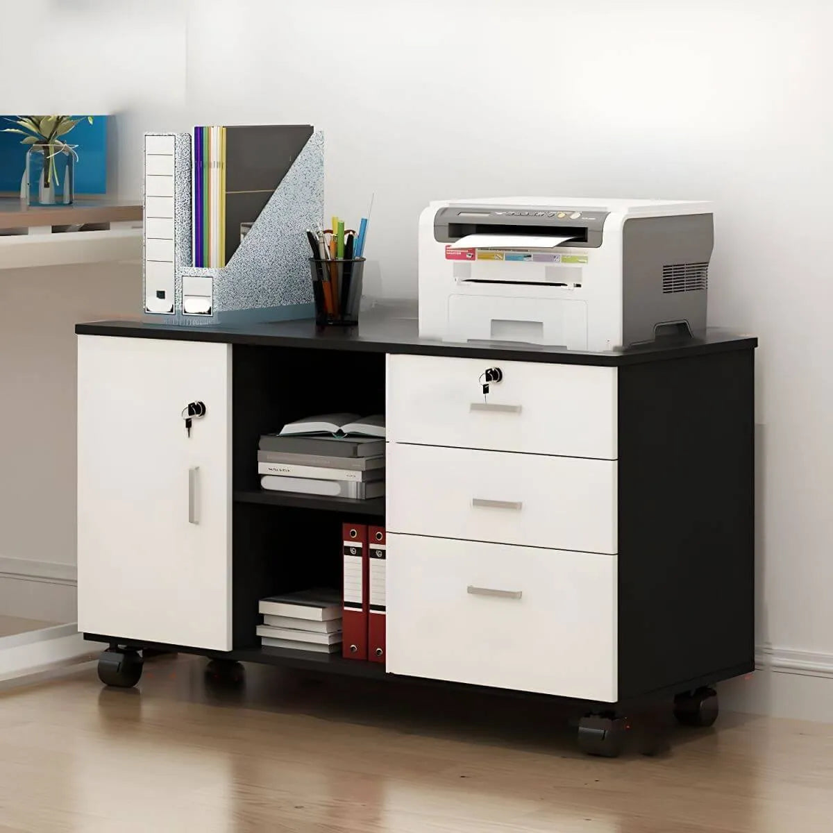 Minimalist Locking Storage Cabinet With Casters for Home Office
