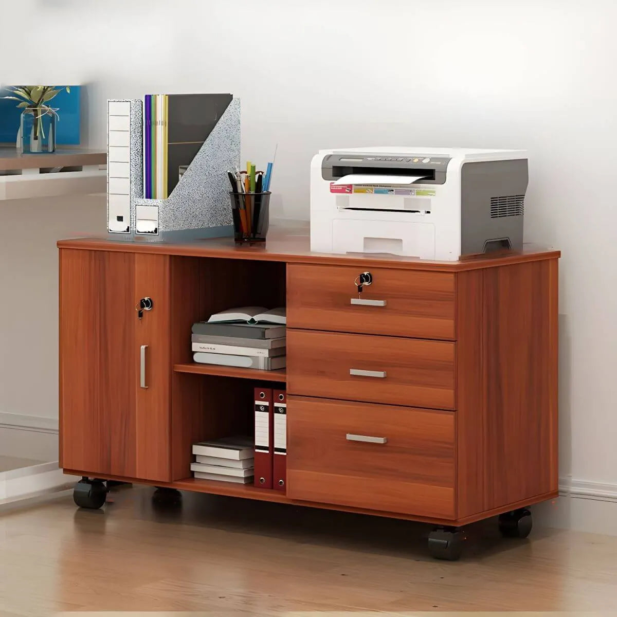 Minimalist Locking Storage Cabinet With Casters for Home Office