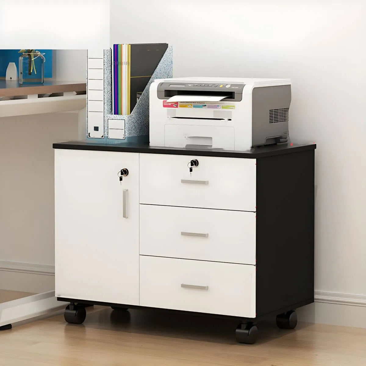 Minimalist Locking Storage Cabinet With Casters for Home Office