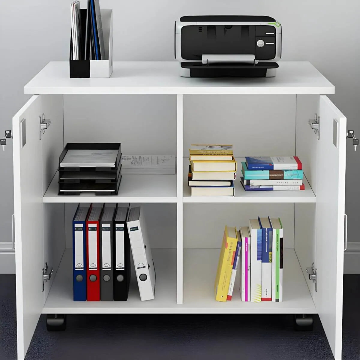 Minimalist Locking Storage Cabinet With Casters for Home Office