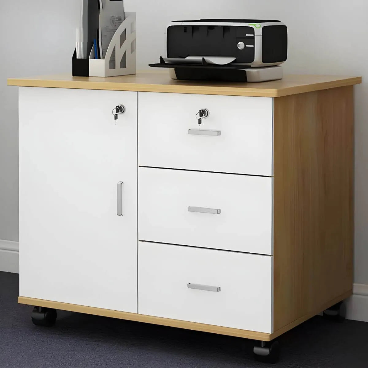 Minimalist Locking Storage Cabinet With Casters for Home Office