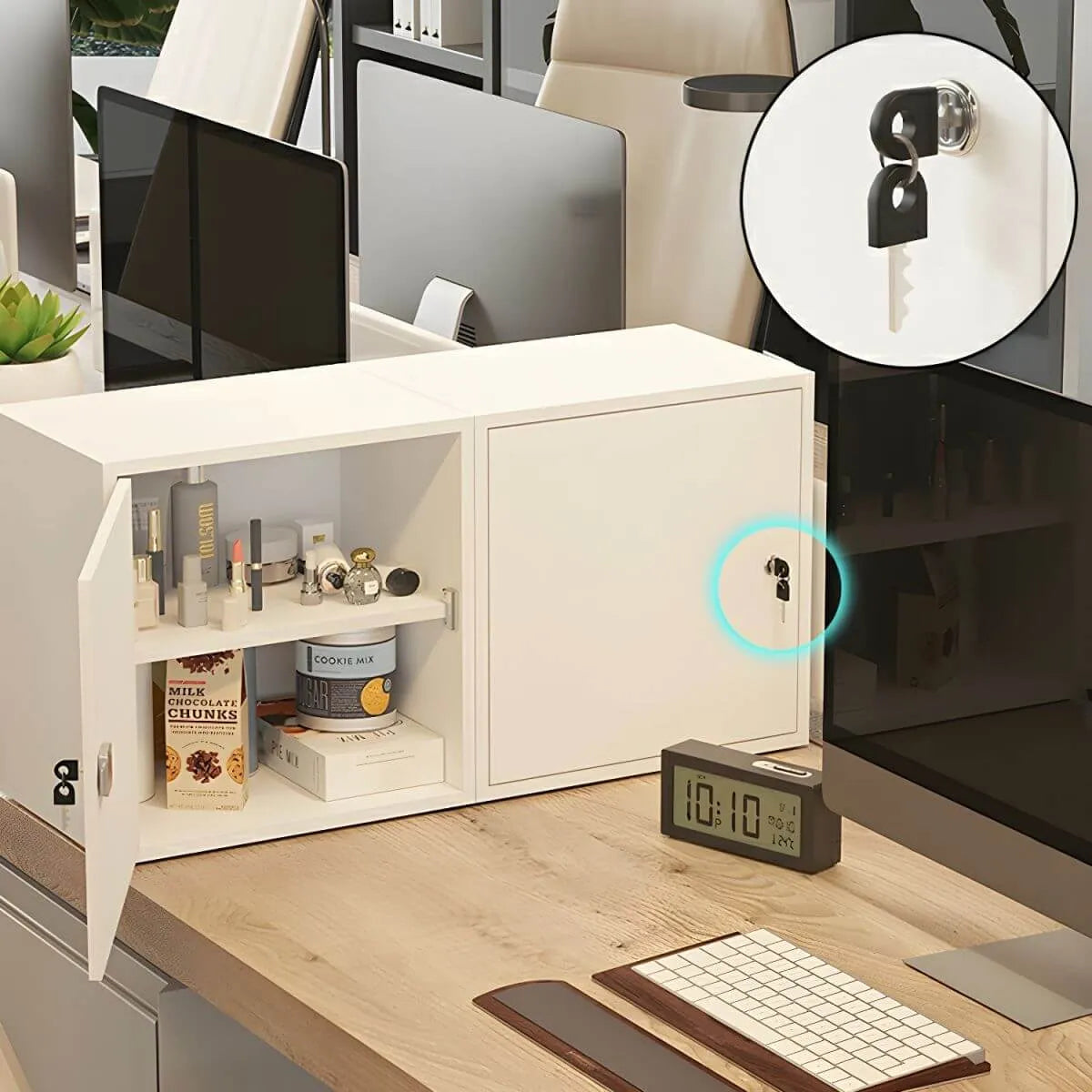 Minimalist Locking Wood File Cabinet With Concealed Door Storage