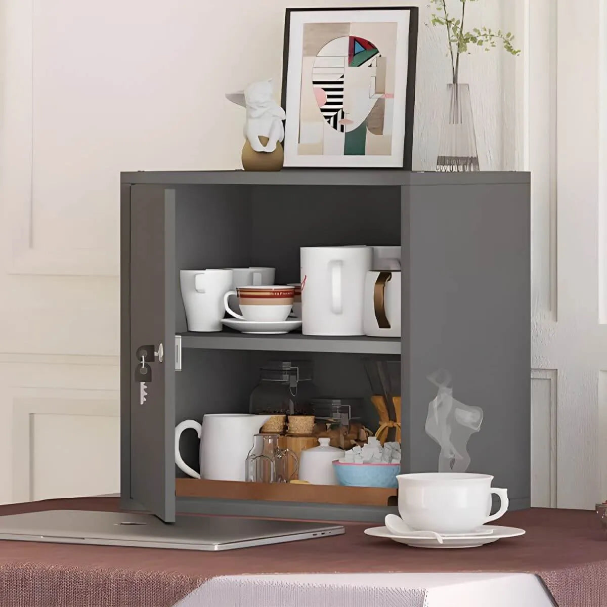 Minimalist Locking Wood Filing Cabinet With Display-Top Storage