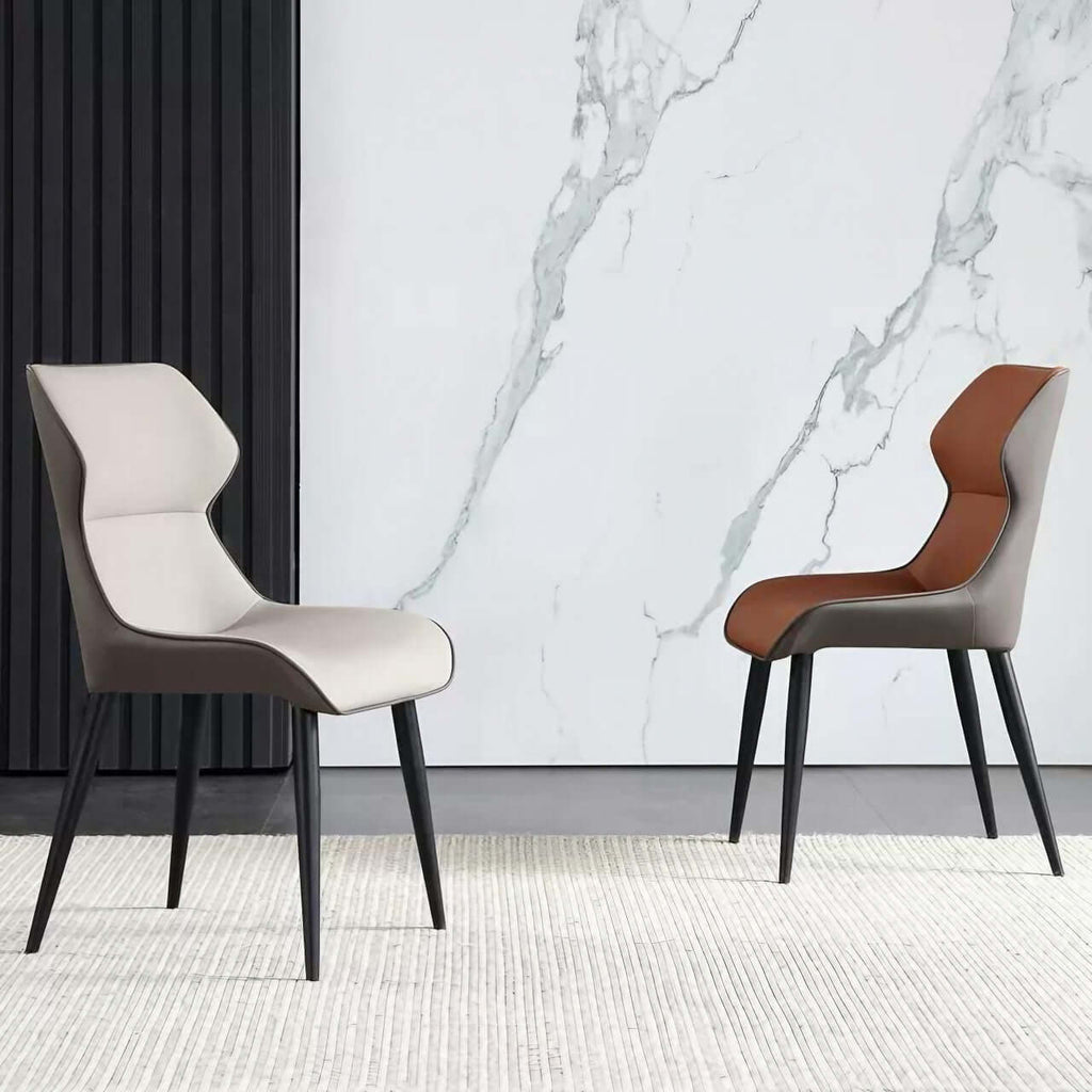 Light grey high-back dining chair with durable leather, minimalist luxury design