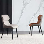 Light grey high-back dining chair with durable leather, minimalist luxury design