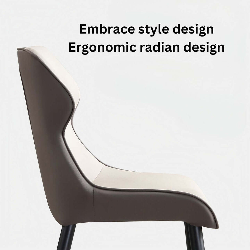 Light grey high-back dining chair with durable leather, minimalist luxury design