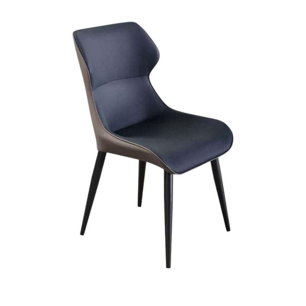 Light grey high-back dining chair with durable leather, minimalist luxury design