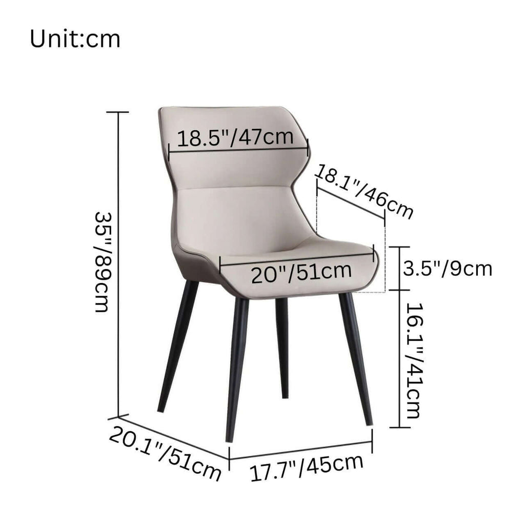 Light grey high-back dining chair with durable leather, minimalist luxury design dimensions