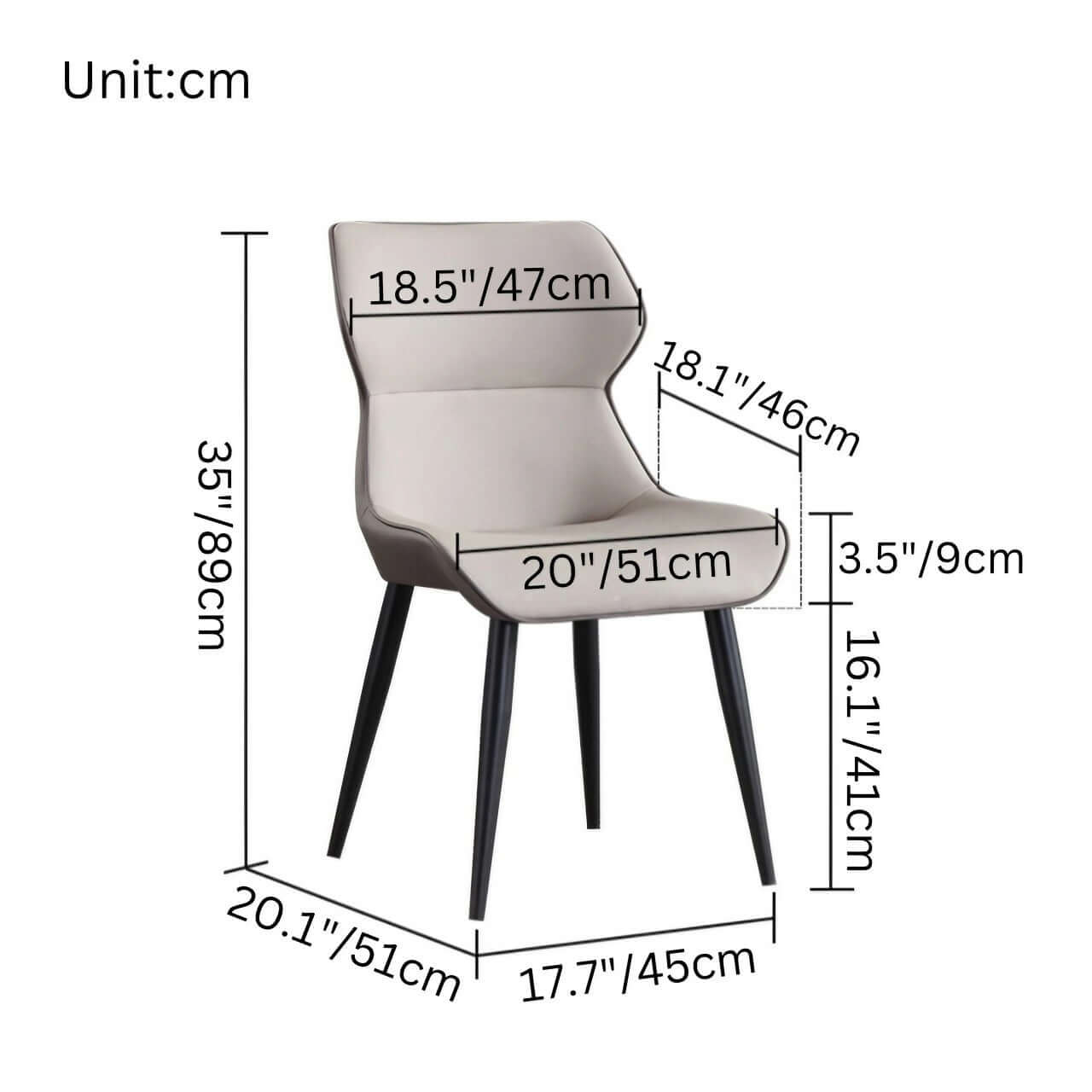 Light grey high-back dining chair with durable leather, minimalist luxury design dimensions