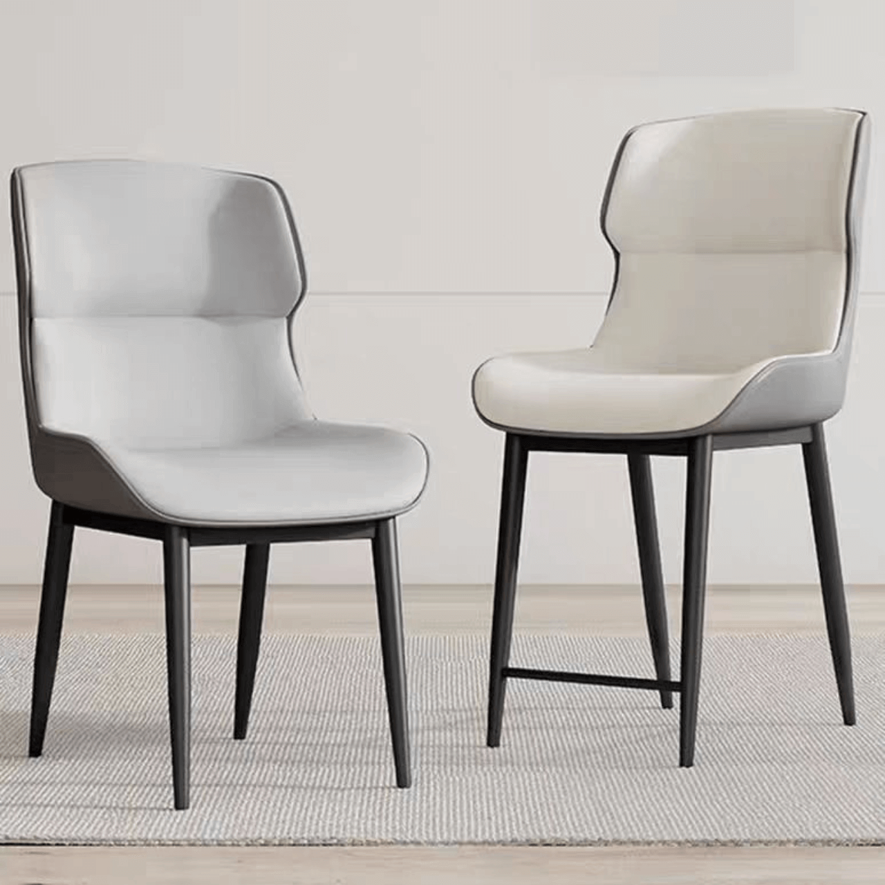 Light grey high-back dining chair with durable leather, minimalist luxury design